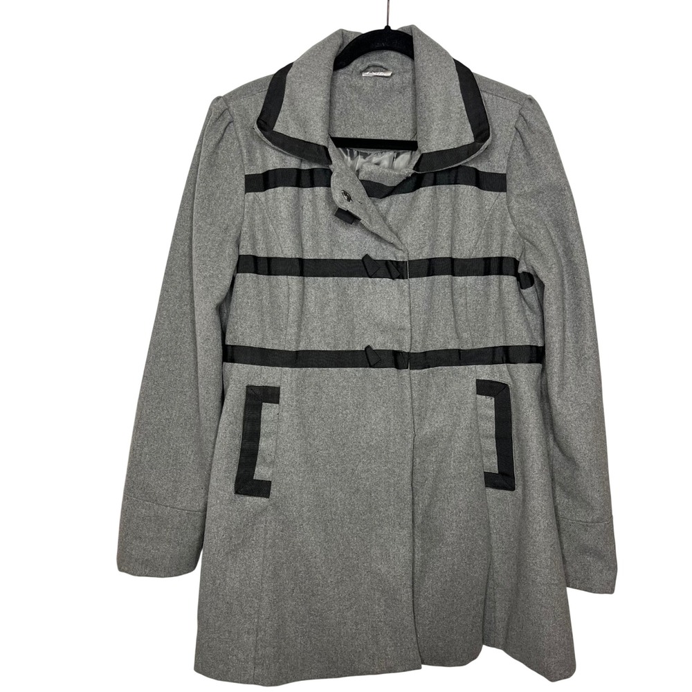 LOLA XL WOOL Blend Grey Coat Black Ribbon Detail Snap Front Peacoat Ribbon